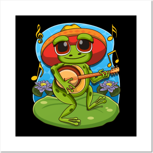 Frog Playing Banjo on Mushroom Cute Cottagecore Aesthetic Posters and Art